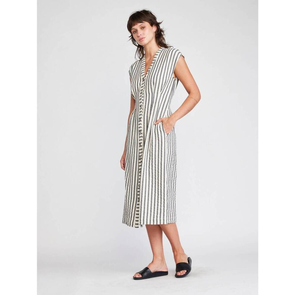 NEW SELF CONTRAST jamila button front midi dress in black stripes